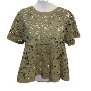 Lace Eyelet Peplum Top Olive Green Size Small
